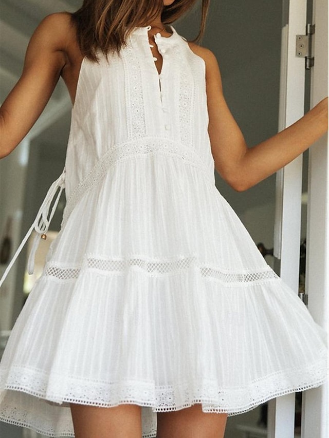  Per donna Vestito bianco Mini abito Pizzo Collage Appuntamento Da mare Streetwear Essenziale Colletto alla coreana Senza maniche Bianco Colore