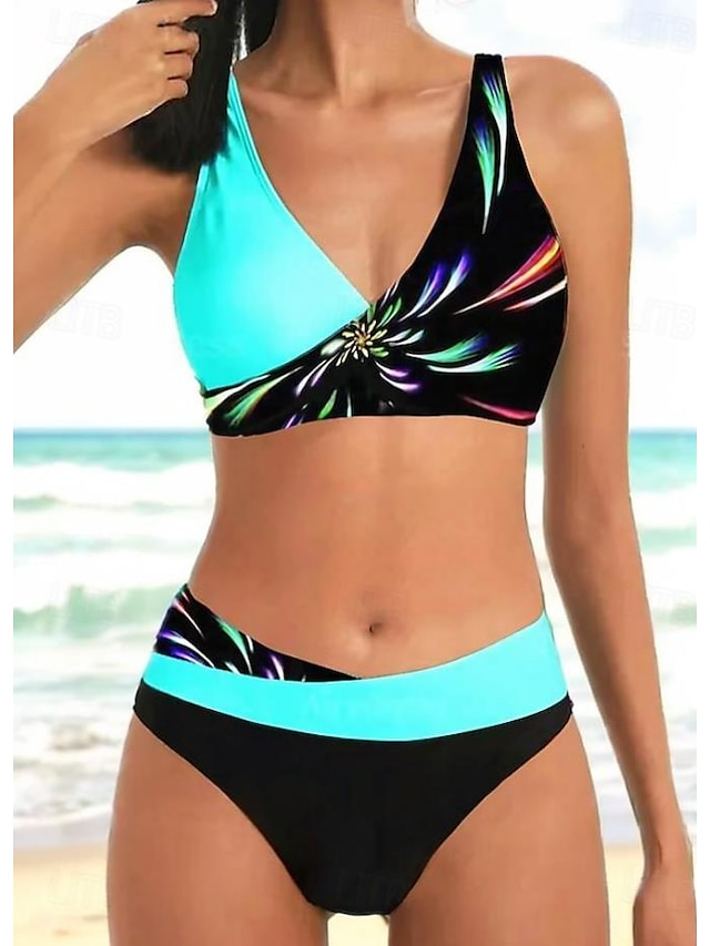  Damen Übergröße Badeanzug Bikinis Bademode 2 teilig Ausgeschnitten Graphic Push-Up Hosen Sommer Badeanzüge