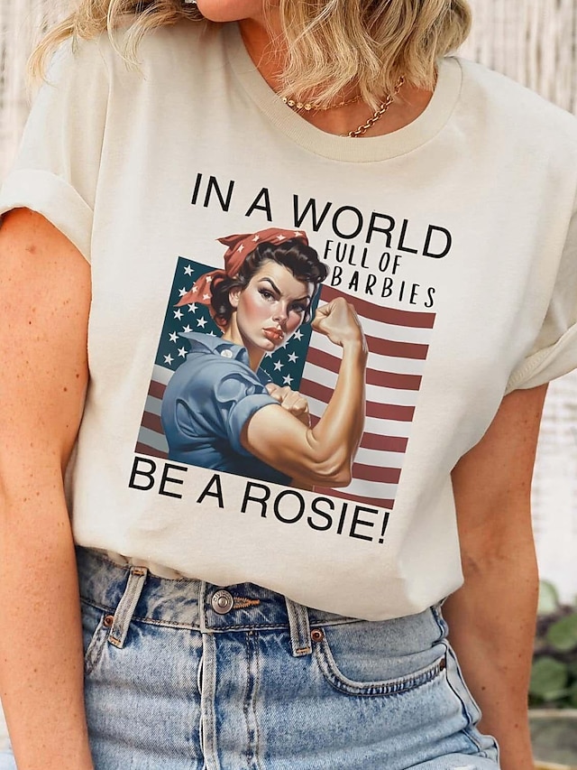  Dam T-shirt 100 % bomull Bokstav Landsflagga Dagligen Helgen Svart Kortärmad Vintage Mode Rund hals Rosie the Riveter Shirt In A World Be A Rosie Shirt Strong Women Shirt Alla årstider