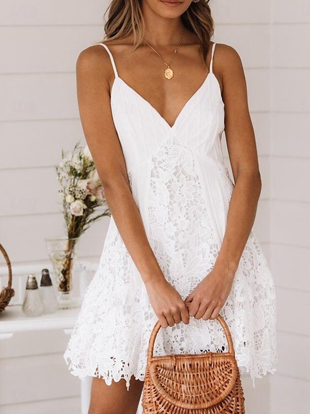  Damen Minikleid Weißes Kleid Abschlusskleid Spitzenkleid Sommerkleid Elegant Sexy Hochzeit Party Date Normale Passform Ärmellos Träger Weiß Sommer