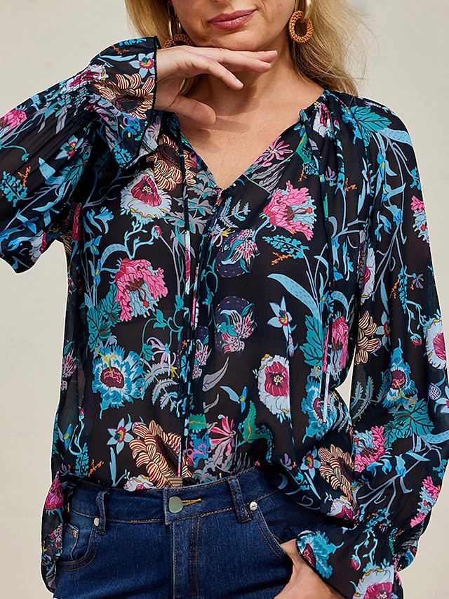  Women's Floral Ruffle Sleeves Blouse Chiffon Casual Vacation Blouse with Tie for Summer