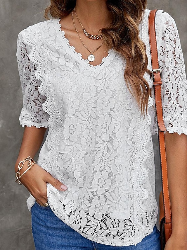  Shirt Lace Shirt Blouse Eyelet top Women's Black White Purple Solid Color Lace Street Daily Fashion V Neck S