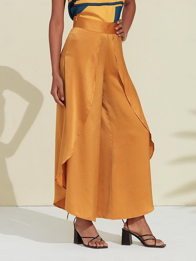  calça casual de cetim com babados