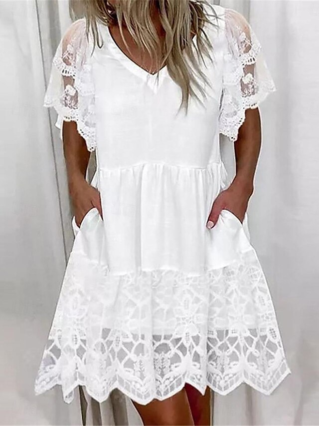  Damen Weißes Kleid Minikleid Spitze Patchwork Verabredung Maxi A-Linie V Ausschnitt Kurzarm Weiß Farbe