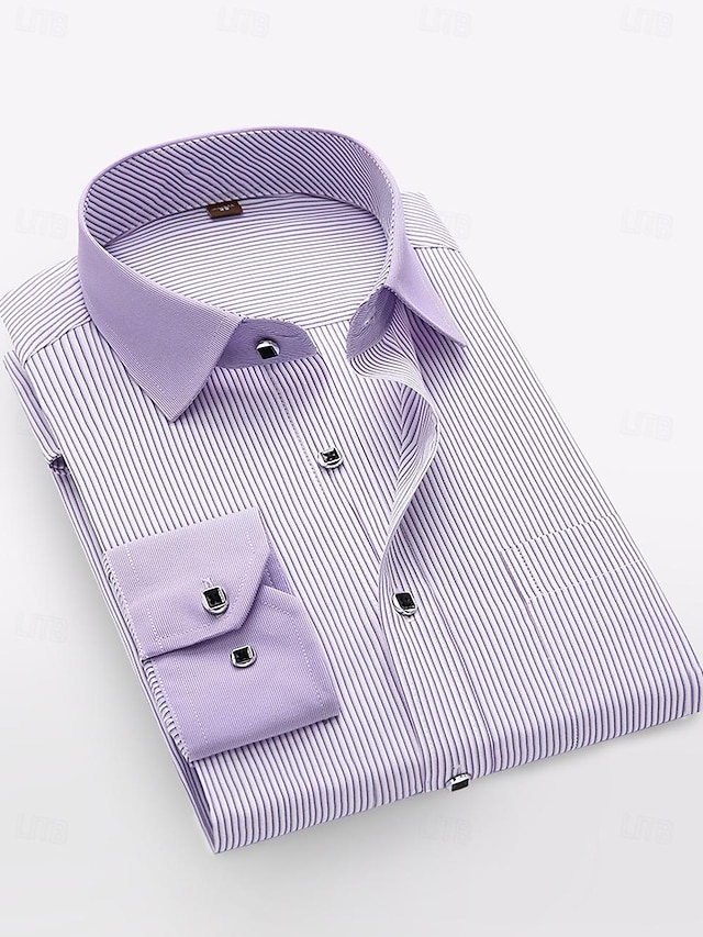  Men's Casual Shirt Standard Fit Long Sleeve Lapel Striped Cotton Blend Black Blue Purple 2023 38/S，39/M, 40/L，41/XL，42/2XL，43/3XL, 44/4XL