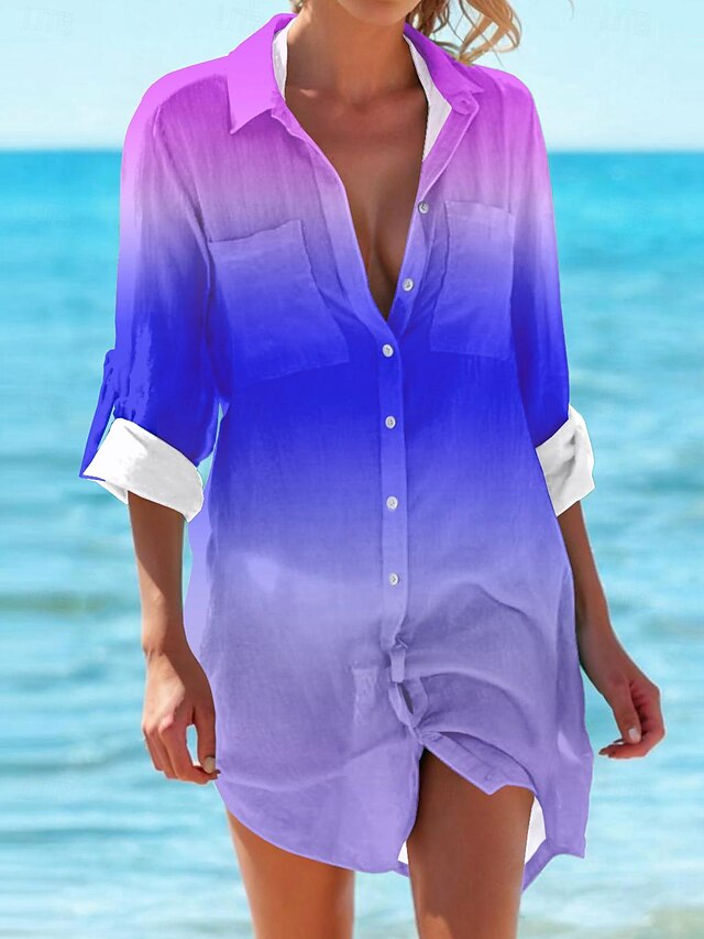 Women's Mini Dress Shirt Dress Hawaiian Shirts Flowy Fashion Buttons Print Long Sleeve Long Shirt Collar Casual Holiday Beach Blue Green Summer Holiday Clothes Beach Wear3