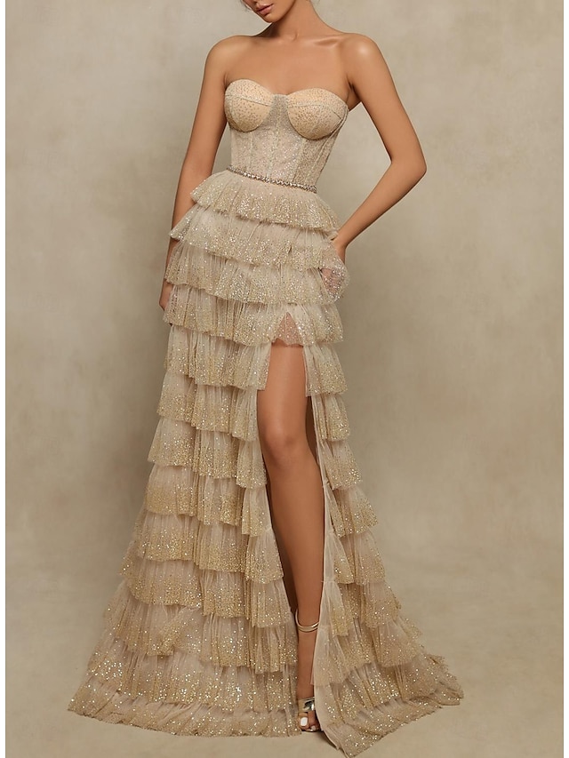  Ball Gown A-Line Prom Dresses Elegant Dress Formal Prom Floor Length Sleeveless Strapless Tulle with Sequin Slit 2024