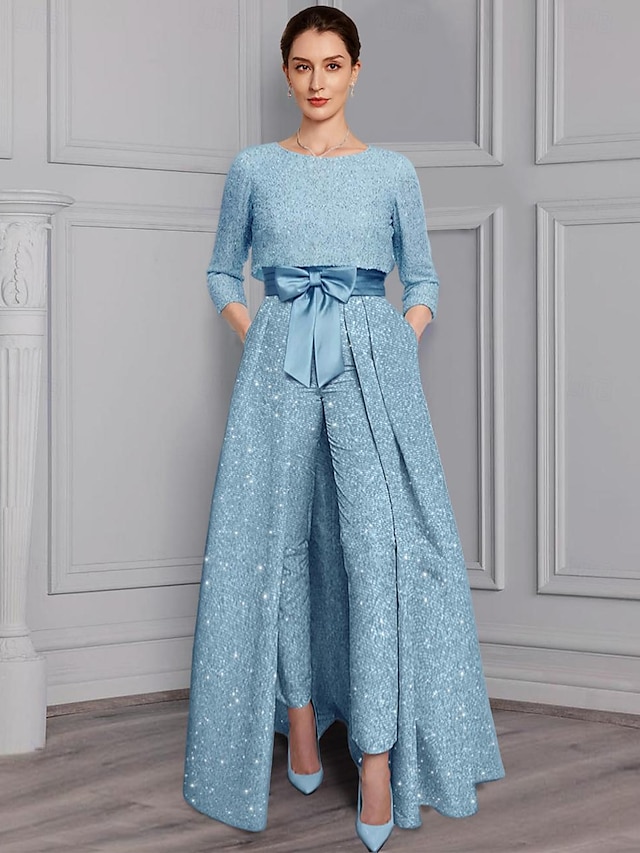  Jumpsuit / Pantsuit 3 Piece Mother of the Bride Dress Formal Wedding Guest Elegant Sparkle & Shine Scoop Neck Ankle Length Satin 3/4 Length Sleeve with Bow(s) 2024