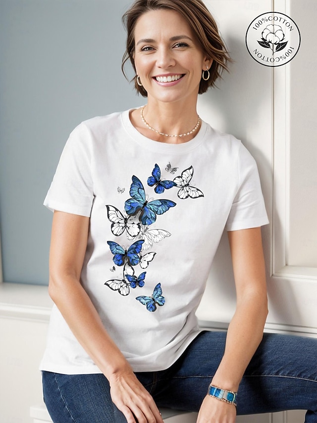  Damen T Shirt 100% Baumwolle Schmetterling Bedruckt Casual Täglich Druck Kurzarm Rundhalsausschnitt Weiß Ganzjährig