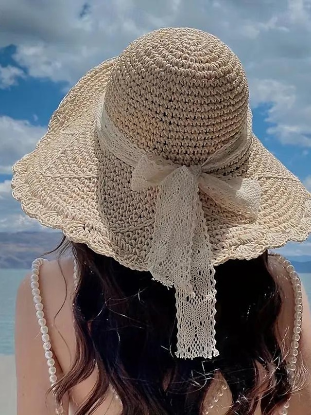  1 st sommar handgjord virkad halmhatt i spets för kvinnor med bred brätte vikbar strandhatt