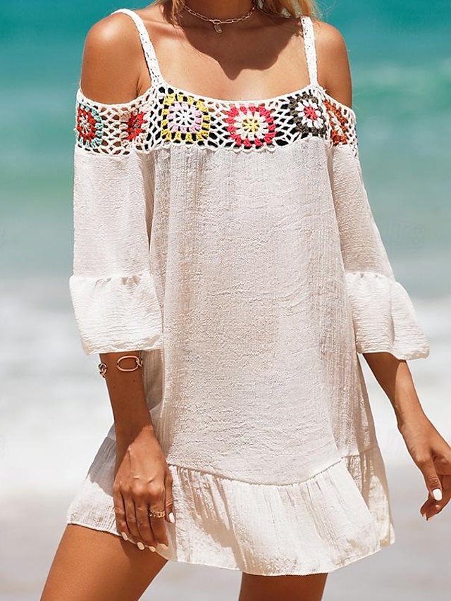  Mulheres Vestido de verão Frufru Com Corte Roupa de Praia Férias Manga Longa Preto Branco Amarelo Cor