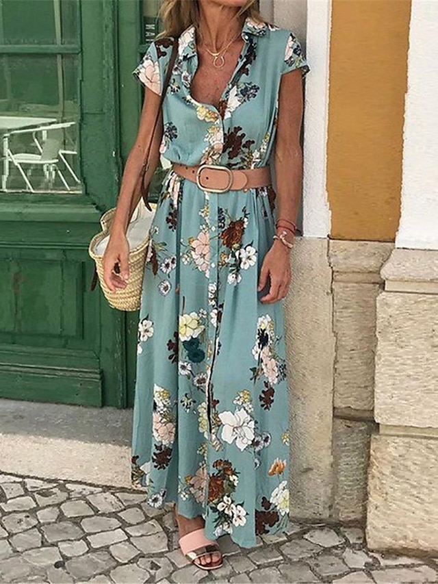  Women's Casual Dress Floral Print With Belt Shirt Collar Long Dress Maxi Dress Bohemia Vacation Short Sleeve Summer