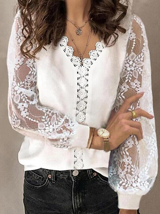 Shirt Lace Shirt Blouse Mesh Patchwork Top Women's White Solid Color ...