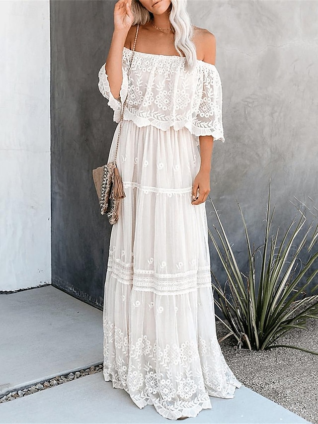  Damen Weißes Kleid kleid lang mit Hülse Verabredung Urlaub Maxi A-Linie Schulterfrei Halbe Ärmel Weiß Farbe