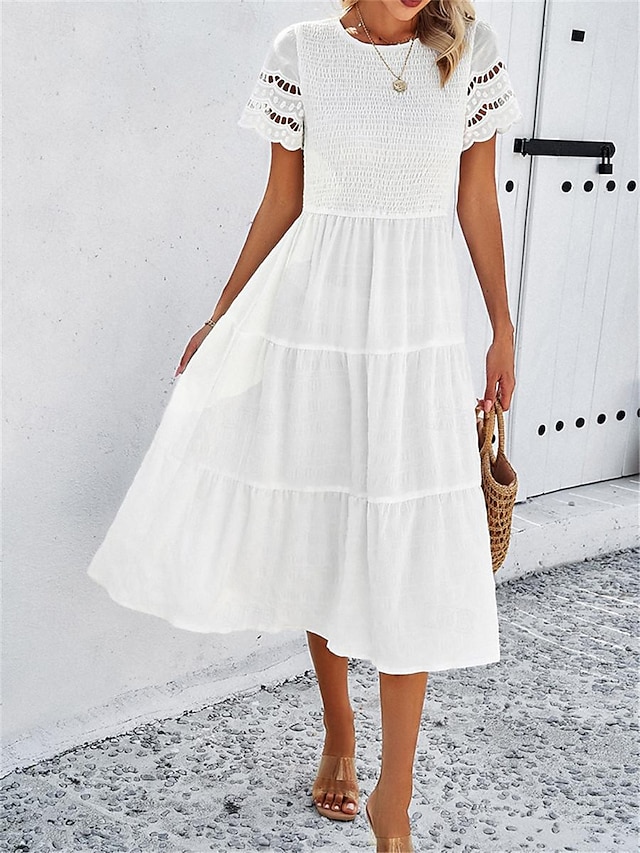  Women's White Dress Midi Dress Mesh Patchwork Date Vacation Streetwear Basic Crew Neck Short Sleeve Black White Brown Color