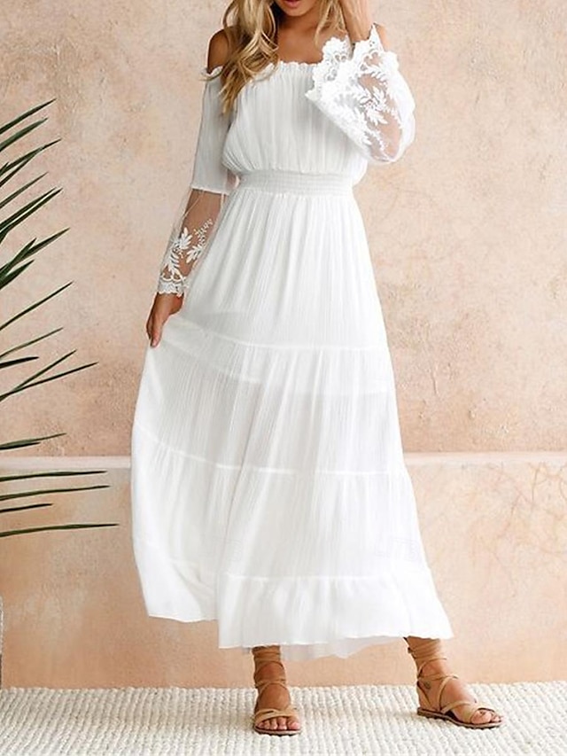  Жен. Белое платье длинное платье платье макси Кружева с рукавом Свидание Элегантный стиль Богемия С открытыми плечами Длинный рукав Белый Цвет