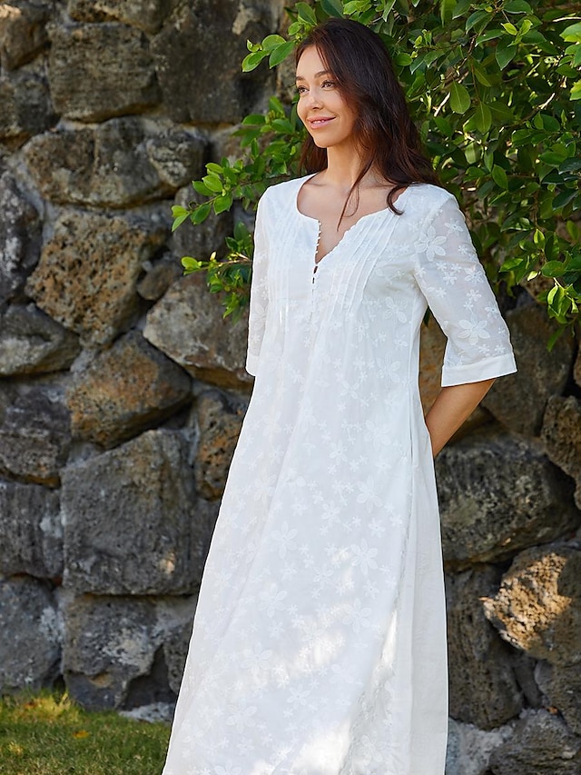  Women's Cotton Linen Dress Sundress White Floral Midi Dress V-Neck Elegant Empire Waist Short Sleeve Ruched Pocket Summer Spring 2024 White Blue Green