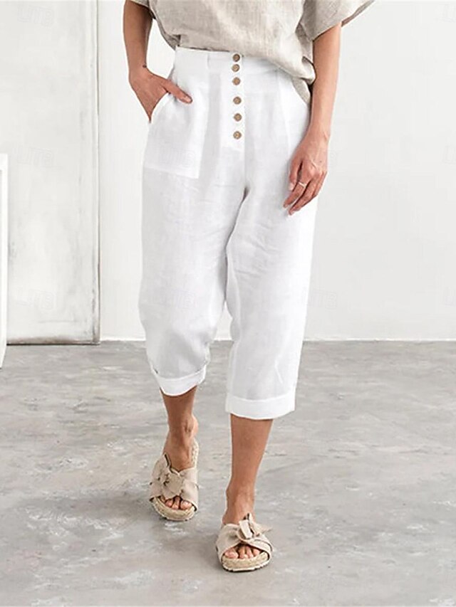Women's Cotton Linen Pants Fashion Basic Comfort Pure Color Pocket Elastic Waist Breathable Micro-elastic Street Daily Black White Navy Blue Brown Summer 17