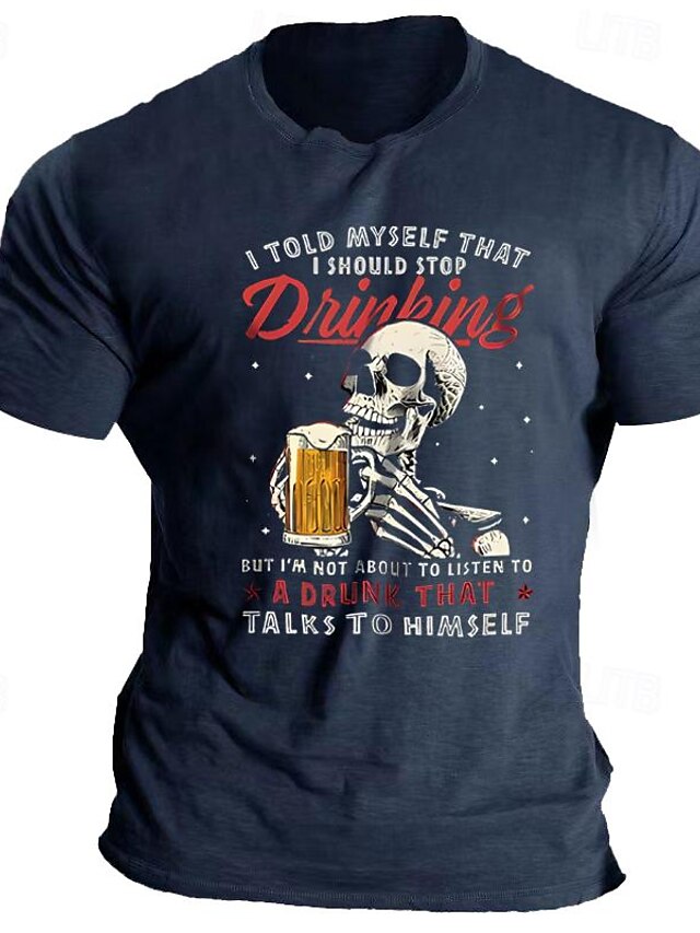  Herr Häftig dödskalle Öl T-shirt Grafiska utslagsplatser 100 % bomull Kortärmad Grafisk Skjorta Svart Blå Ljusgrå Bekväm t-shirt Semester Dagliga kläder Modedesignerkläder