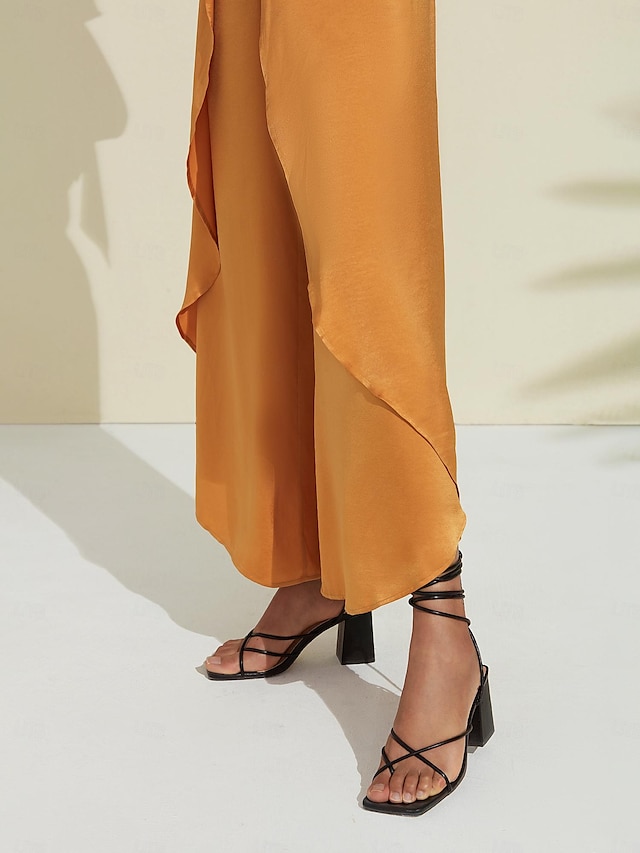  calça casual de cetim com babados