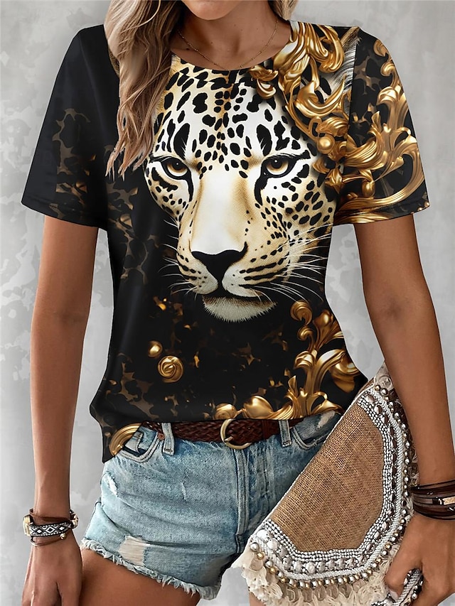  Naisten T-paita Leopardi Painettu Päivittäin Viikonloppu Muoti Lyhythihainen Tiukka pyöreä kaula-aukko Keltainen Kesä