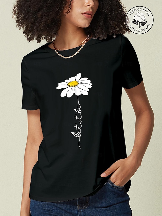  Dame T-shirt 100 % bomuld Blomstret Daisy Bogstaver Trykt mønster Afslappet Daglig Ferie Basale Klassisk Trykt mønster Kortærmet Rund hals Sort Alle årstider