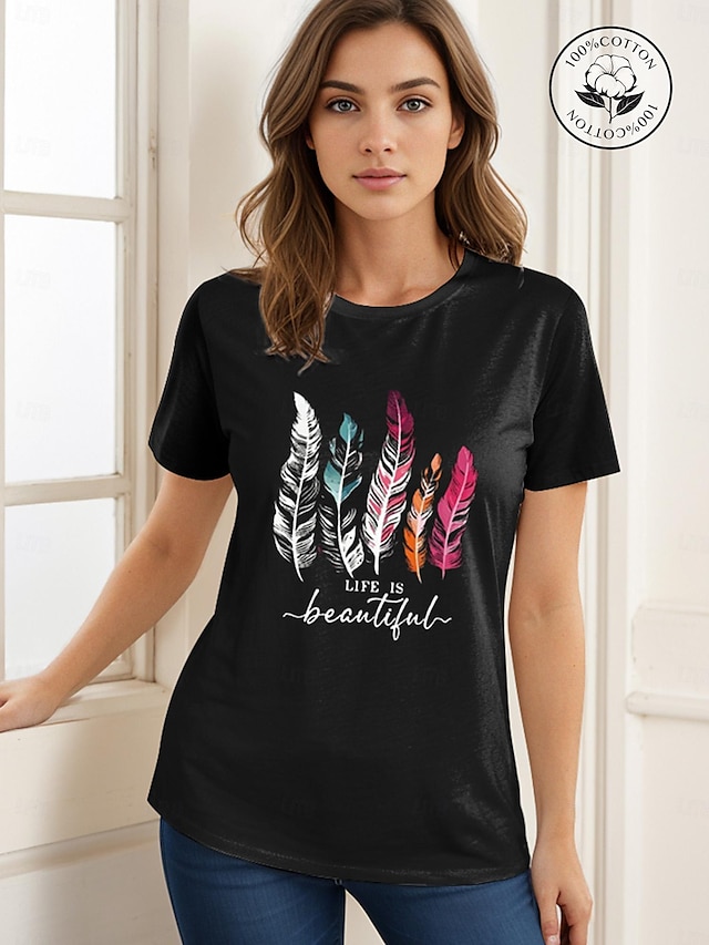  Naisten T-paita 100% puuvilla Sulka Painettu Kausaliteetti Päivittäin Painettu Lyhythihainen Pyöreä kaula-aukko Musta Kaikki vuodenajat