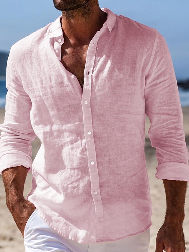  男性用 シャツ リネンシャツ ボタンアップシャツ サマーシャツ ビーチシャツ ブラック ホワイト ピンク 長袖 平織り 折襟 春夏 カジュアル 日常 衣類