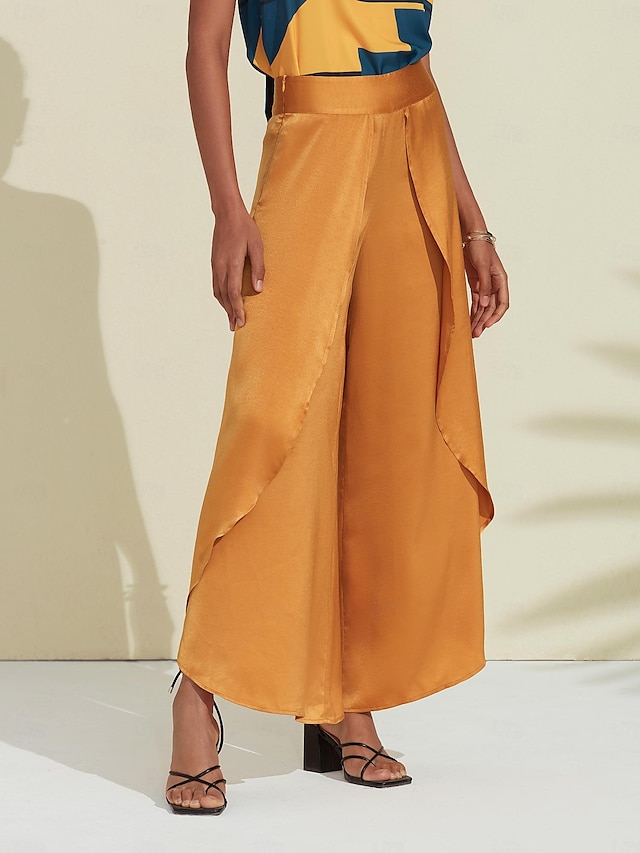  calça casual de cetim com babados