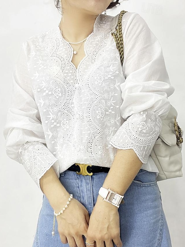  Camicia Blusa Occhiello in alto Per donna Bianco Tinta unica Pizzo Strada Giornaliero Di tendenza A V S