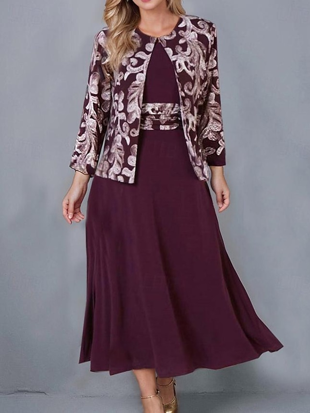  Damen Plus Size Curve Kleid Set Print Rundhalsausschnitt Langarm Frühling Herbst elegantes Maxi langes Kleid formelles Partykleid