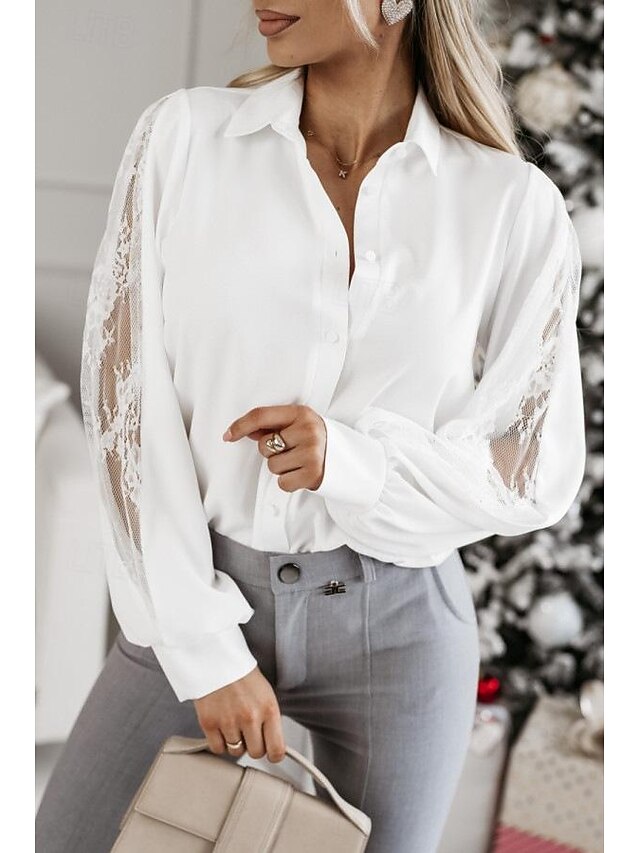 Shirt Lace Shirt Blouse Mesh Patchwork Top Women's Black White Green Solid Color Lace Button Street Daily Fashion Shirt Collar S 10