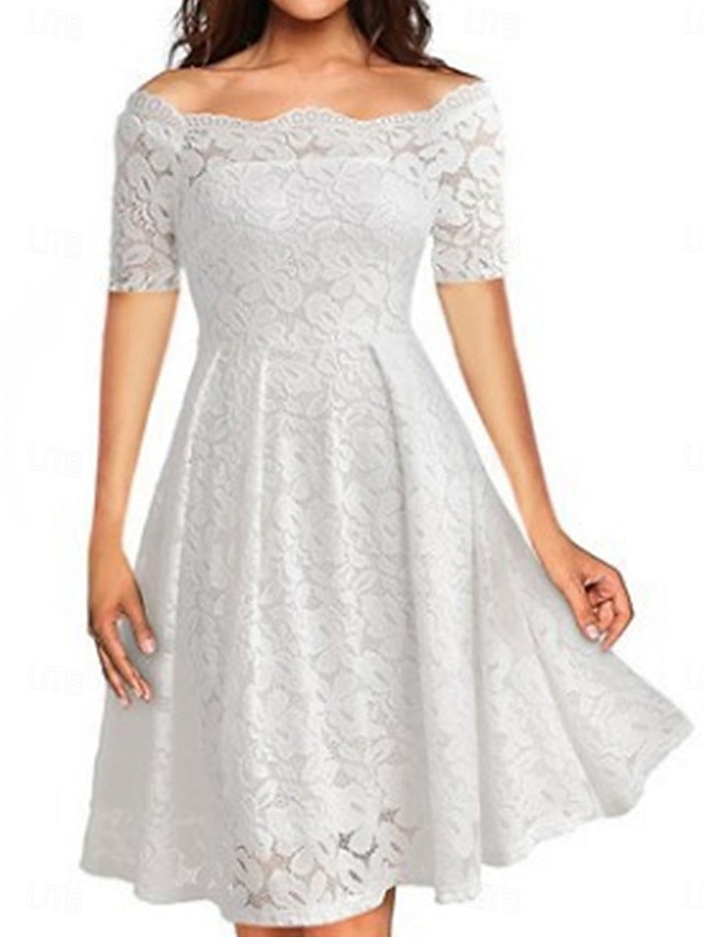 Dame Hvid kjole Mini kjole med ærme Stævnemøde Ferierejse Gade A-linje Skulderfri Kortærmet Sort Hvid Vin Farve