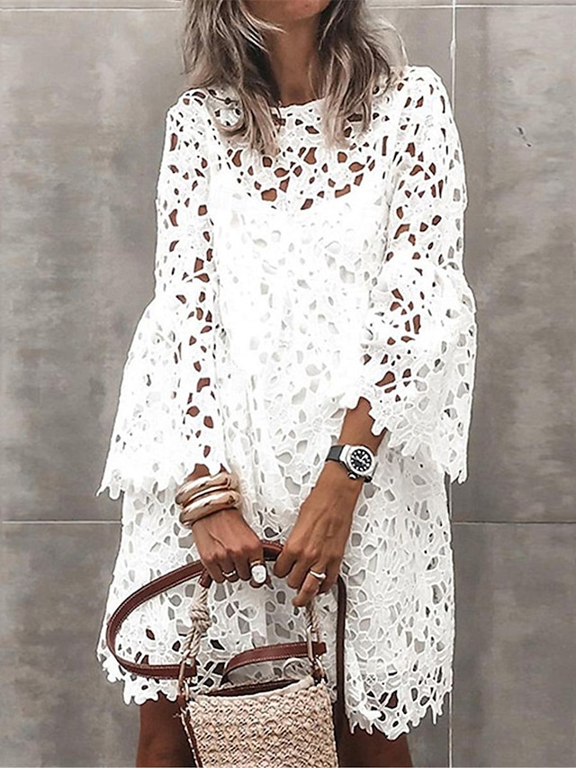  Women's Two Piece Dress Set Casual Dress White Lace Wedding Dress Outdoor Date Fashion Basic with Sleeve Mini Dress Crew Neck 3/4 Length Sleeve Plain Loose Fit Black White Summer S M L XL XXL