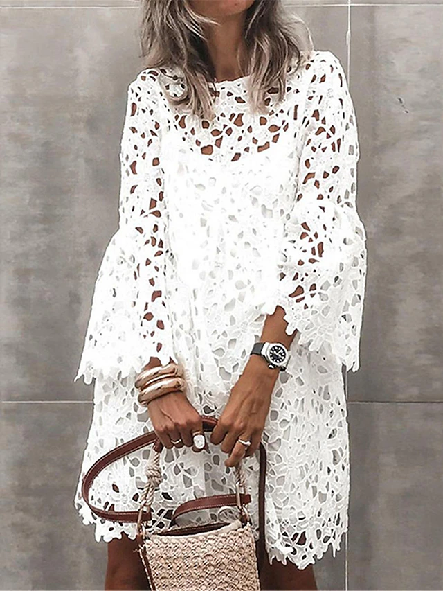 Women's Mini Dress White Dress White Lace Wedding Dress Boho Dress Fashion Outdoor Regular Fit Plain 3/4 Length Sleeve Crew Neck Black White Summer 6