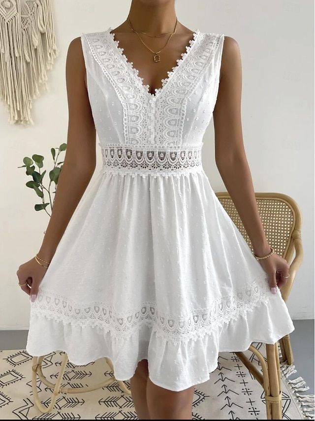  Damen Weißes Spitzen-Brautkleid Minikleid Baumwolle Rüsche mit Hülse Verabredung Strassenmode V Ausschnitt Ärmellos Schwarz Weiß Farbe