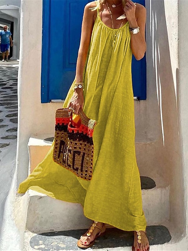  Γυναικεία Καθημερινό φόρεμα Φόρεμα από βαμβακερό λινό Φόρεμα με λεπτή τιράντα Μακρύ φόρεμα Εξώπλατο Βασικό Καθημερινά Διακοπές Λαιμόκοψη U Αμάνικο Καλοκαίρι Άνοιξη Κίτρινο Ρουμπίνι Σκέτο