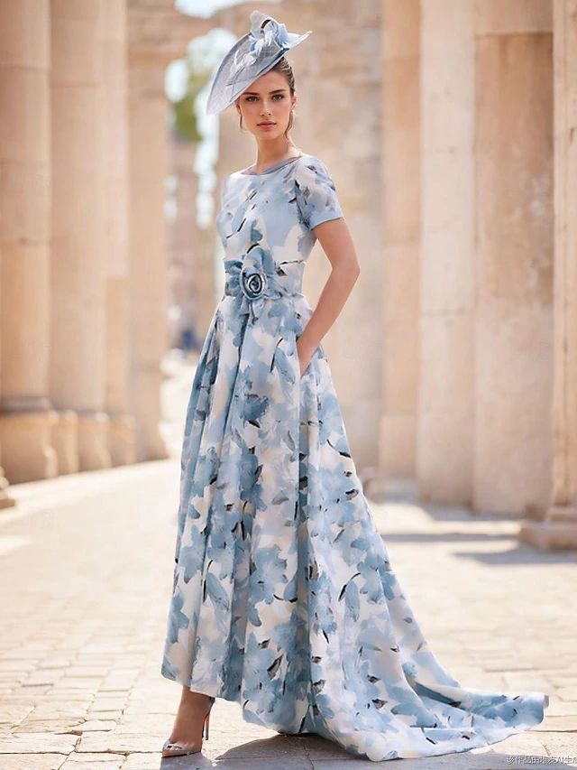 A-Line Mother of the Bride Dress Kentucky Elegant Dresses Formal Wedding Guest Elegant Dress Bateau Neck Asymmetrical Ankle Length Chiffon Short Sleeve with Pleats Flower Wedding Guest Dress4