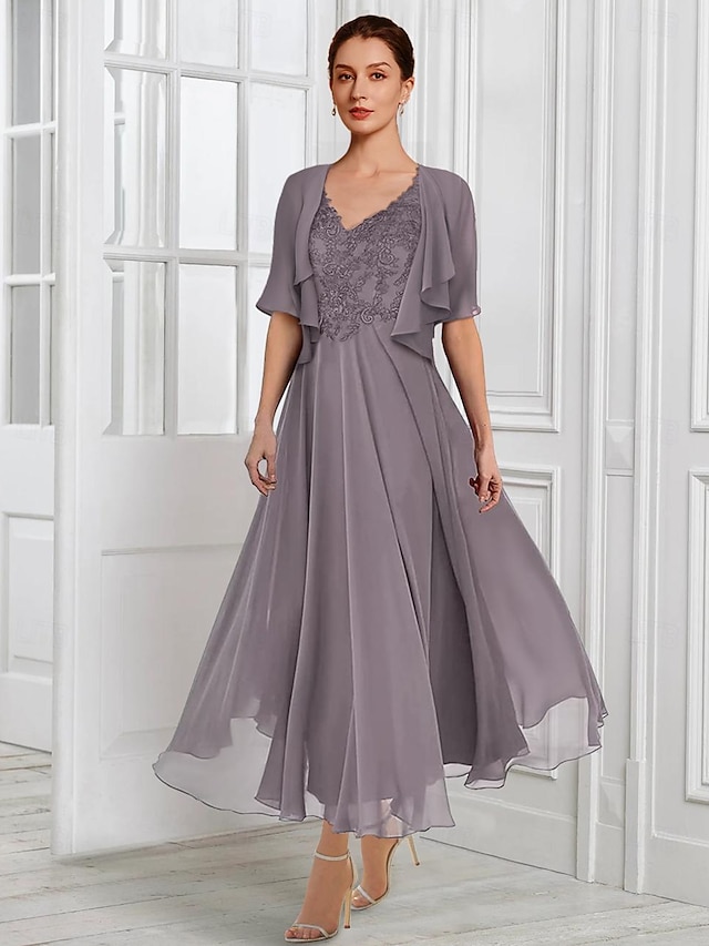  Two Piece A-Line Mother of the Bride Dress Formal Wedding Guest Elegant V Neck Tea Length Chiffon Lace Short Sleeve Jacket Dresses with Pleats Appliques 2024