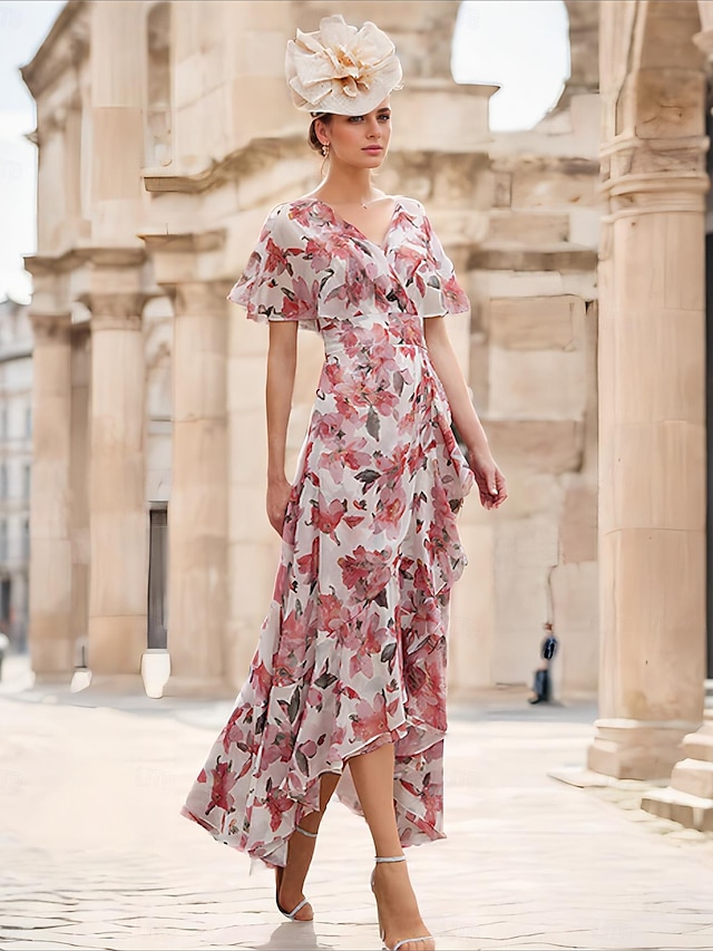  A-Line Mother of the Bride Dress Formal Wedding Guest Elegant Elegant Dress Casual High Low V Neck Asymmetrical Ankle Length Chiffon Short Sleeve with Cascading Ruffles 2024