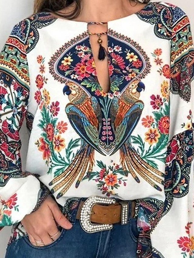  Women's Shirt Blouse Floral Casual Holiday Print Lantern Sleeve White Long Sleeve Fashion Round Neck Spring &  Fall