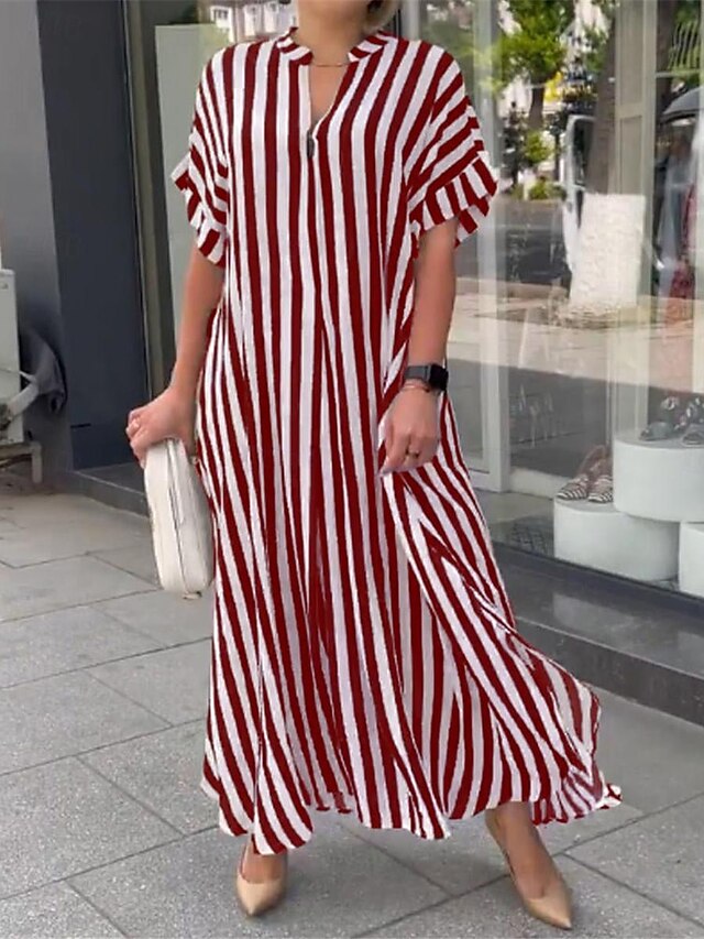  naisten rento mekko raita nappi print paita kaulus pitkä mekko maxi mekko loma lyhythihainen kesä