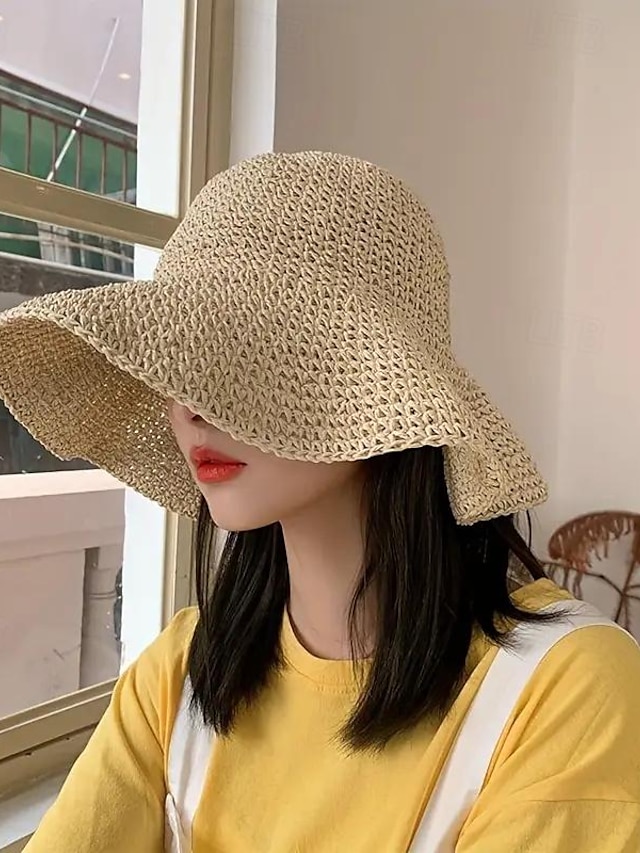  Chapéu de balde de palha de crochê clássico cor sólida respirável chapéus de sol verão na moda casual viagem ao ar livre chapéus de praia para mulheres meninas