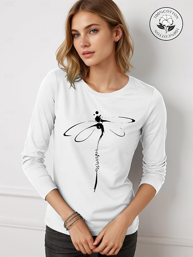  Damen T Shirt 100% Baumwolle Libelle Täglich Wochenende Bedruckt Weiß Langarm Modisch Rundhalsausschnitt Frühling & Herbst