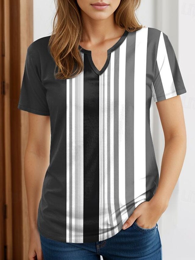  Women's T shirt Tee Striped Print Daily Weekend Fashion Short Sleeve V Neck Black Summer