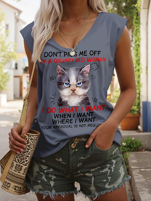  Women's Tank Top Cat Letter Print Casual Fashion Sleeveless V Neck Pink Summer