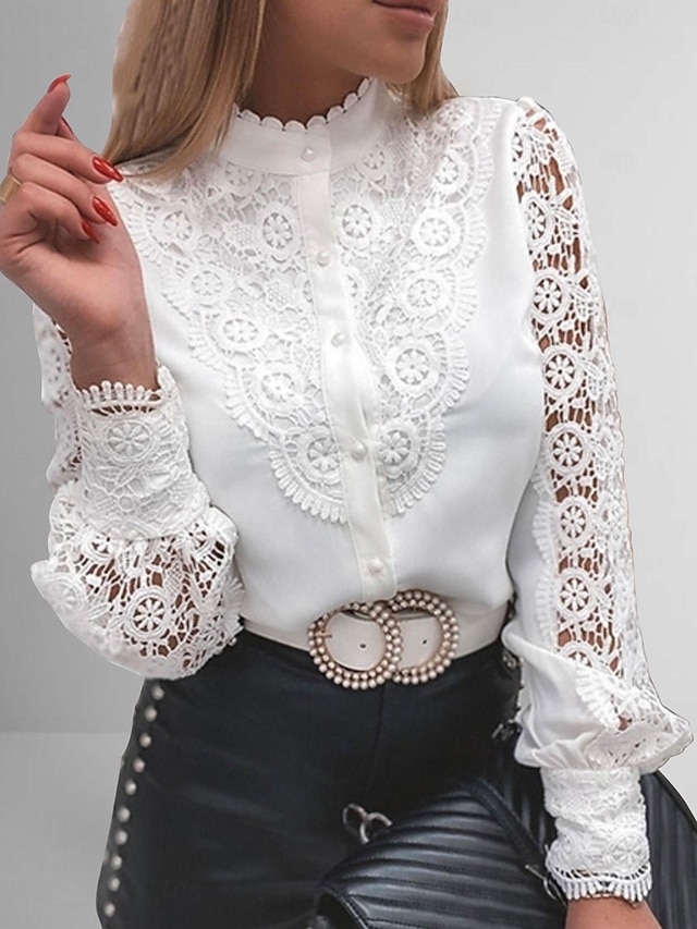  Mulheres Camisa Social Blusa Topo de ilhó Tops de ilhas brancas Cor da imagem 1 Cor da imagem 2 Cor da imagem 3 Tecido Renda Com Corte Manga Longa Casual Diário Elegante Decote Redondo Padrão S