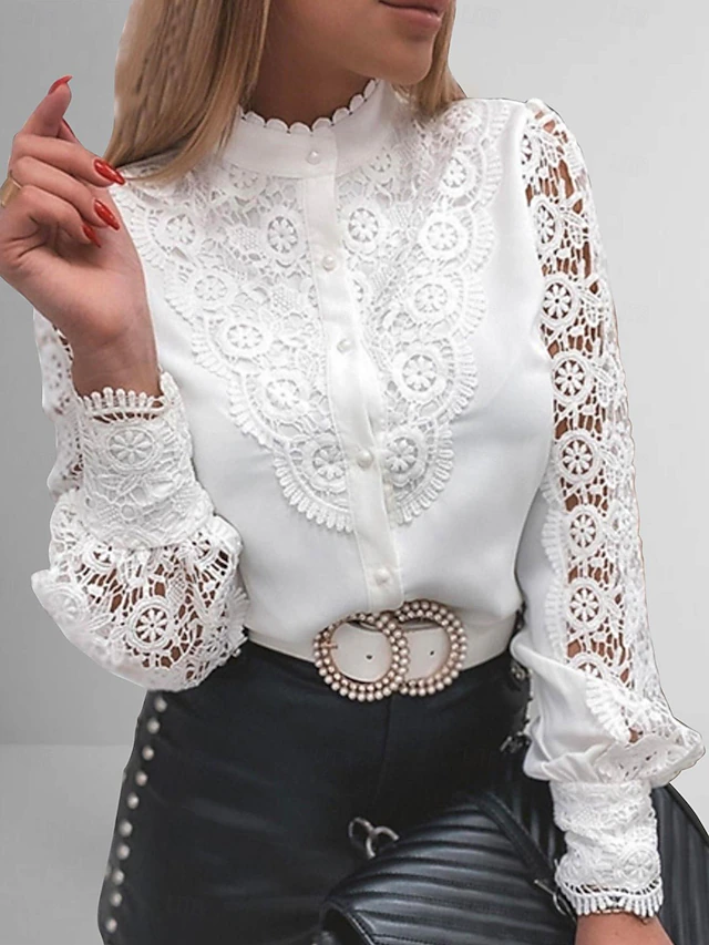 Women's Shirt Blouse Eyelet top White Eyelet Tops Picture color 1 Picture color 2 Picture color 3 Plain Lace Cut Out Long Sleeve Casual Daily Elegant Round Neck Regular S 6