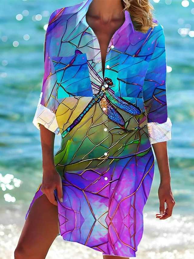  Womens Mini Dress Camicia Vestito Camicie Hawaiane Fluttuante Moda Bottoni Stampa Maniche Lunghe Colletto Camicia Lunghe Casual Vacanza Spiaggia Bianco Blu Viola Estate Vestiti da Spiaggia