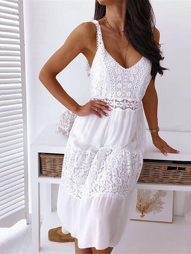  Damen Weißes Kleid Midikleid mit Hülse Verabredung Strassenmode Basic Spaghetti-Träger Ärmellos Weiß Farbe